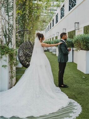 Veils by Rebecca 2 Tier Chantilly Lace Wedding Veil With Blusher